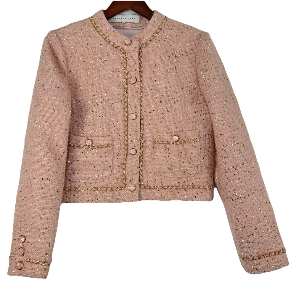 Endless Rose Blush Pink Tweed Cropped Blazer‎ XS Gold Chain Trim Parisian Chic